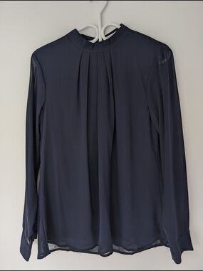 Soteer - Navy Blue Pleated Mock Neck Blouse - Keyhole Back - Size L